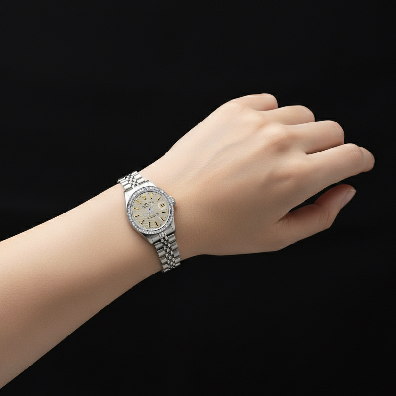 Edelstahl-Jubiläumsarmband-Damenuhr Datejust mit weißem Zifferblatt von Rolex P2