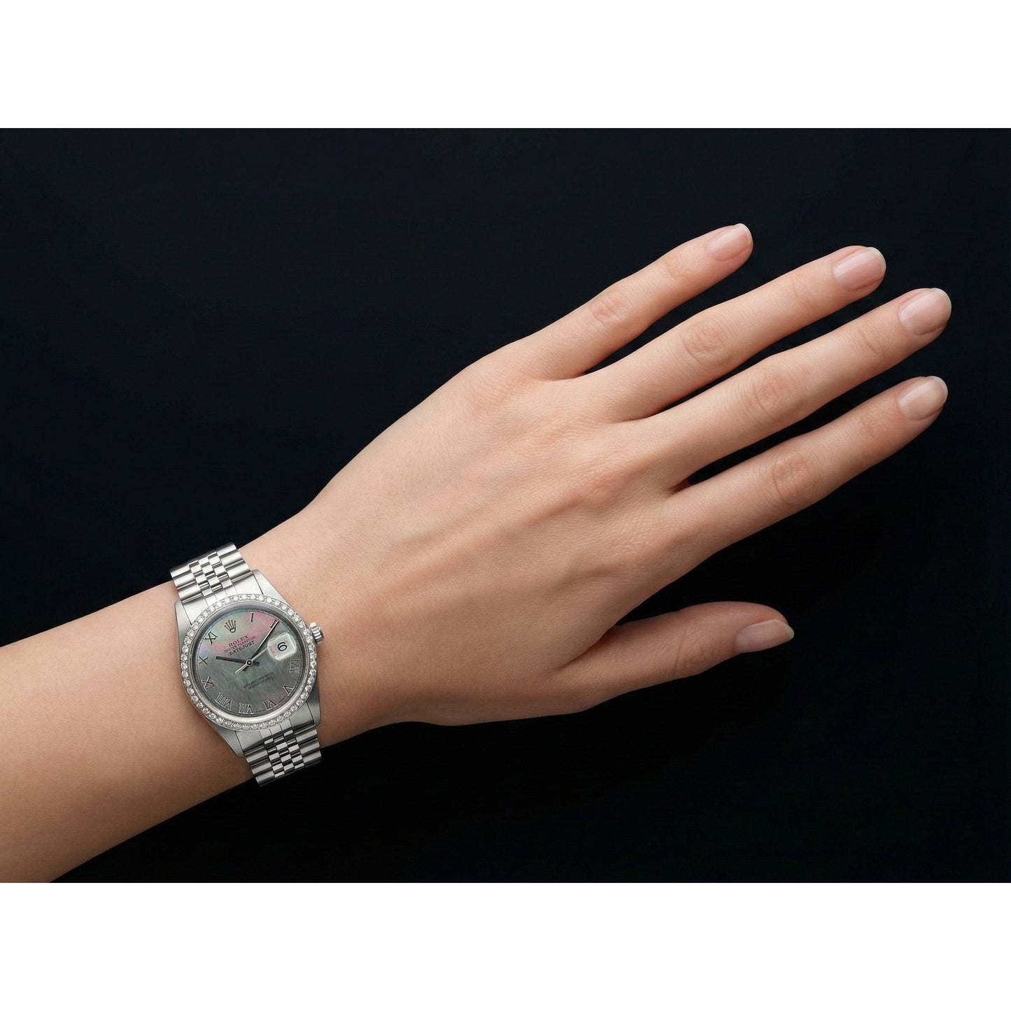 Edelstahl Jubilee-Armband Rolex Diamantlünette Graues römisches Zifferblatt SCHNELLSET