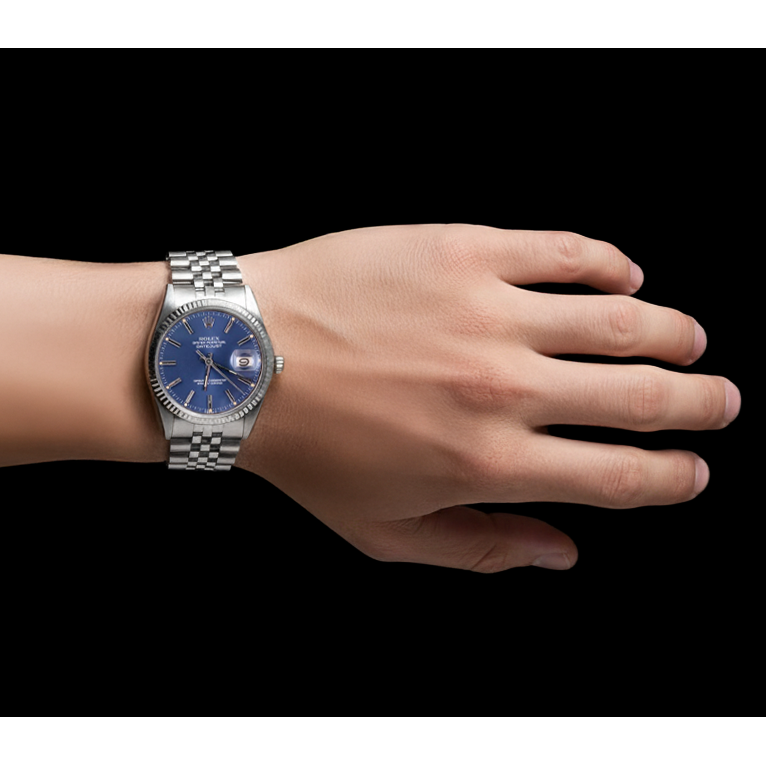 Edelstahl Jubilee Rolex Datejust Herrenuhr, blaues Stick-Zifferblatt, geriffelte Lünette, SCHNELLES SET