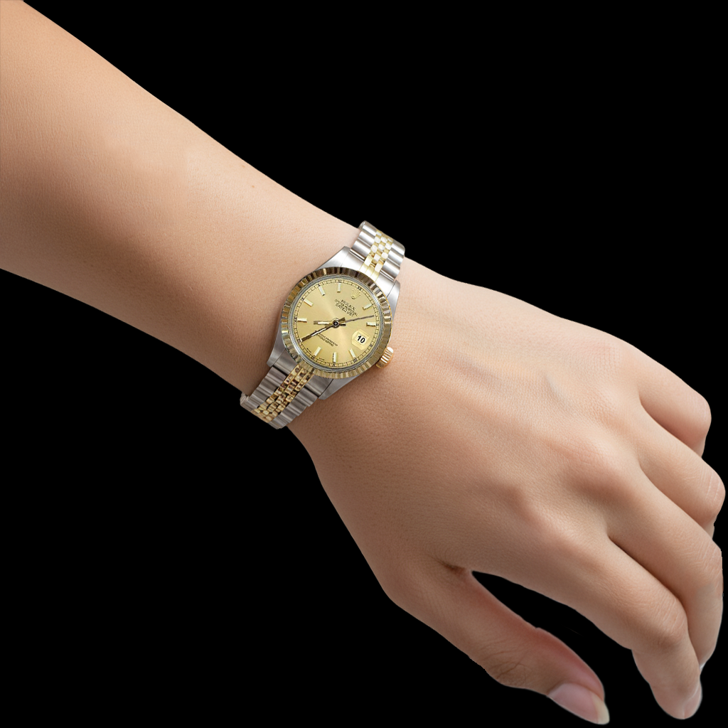 Edelstahl- und Gelbgold-Datejust-Damenuhr von Rolex mit Champagner-Zifferblatt