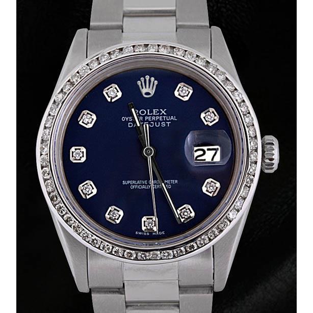 Edelstahl Oyster-Armband Rolex Date Just Herrenuhr mit blauem Diamant-Zifferblatt, SCHNELLES SET