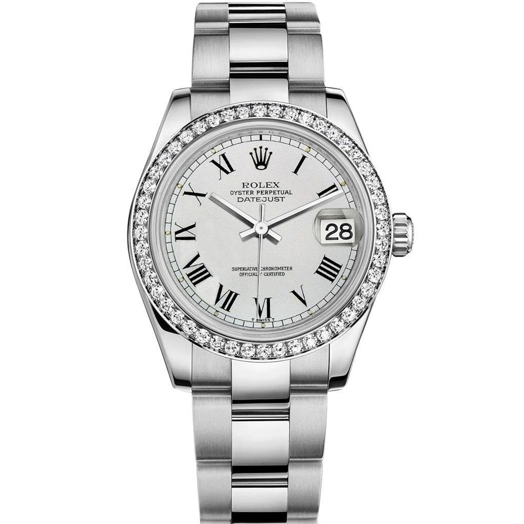 Edelstahl Oyster Rolex Datejust Herrenuhr, weißes römisches Zifferblatt, Diamantlünette, SCHNELLSET