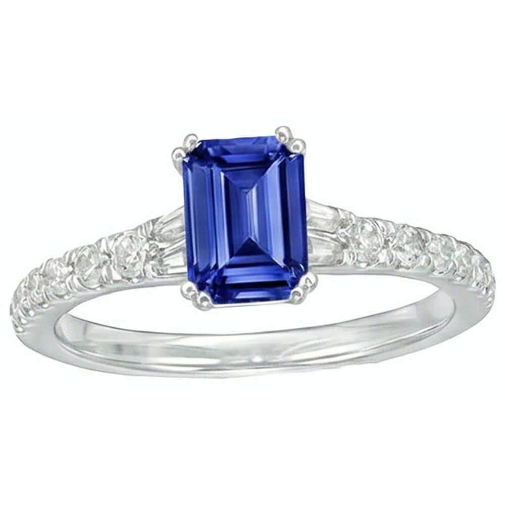 Edelstein Blauer Saphir Ring Baguette & Runde Akzente 3,50 Karat