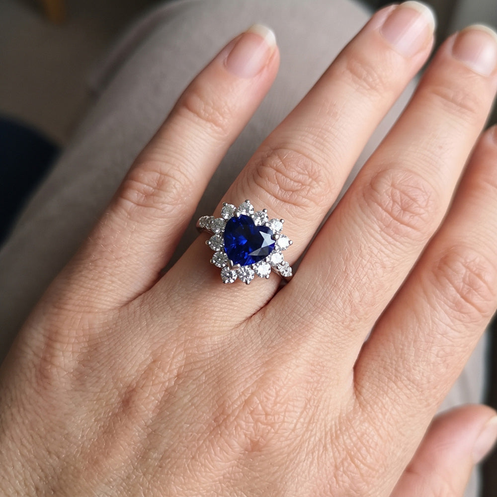 Edelstein Halo Heart Blauer Saphir & Natürlicher Diamant ( nicht im Labor gezüchtet ) Ring Star Style 3 Karat