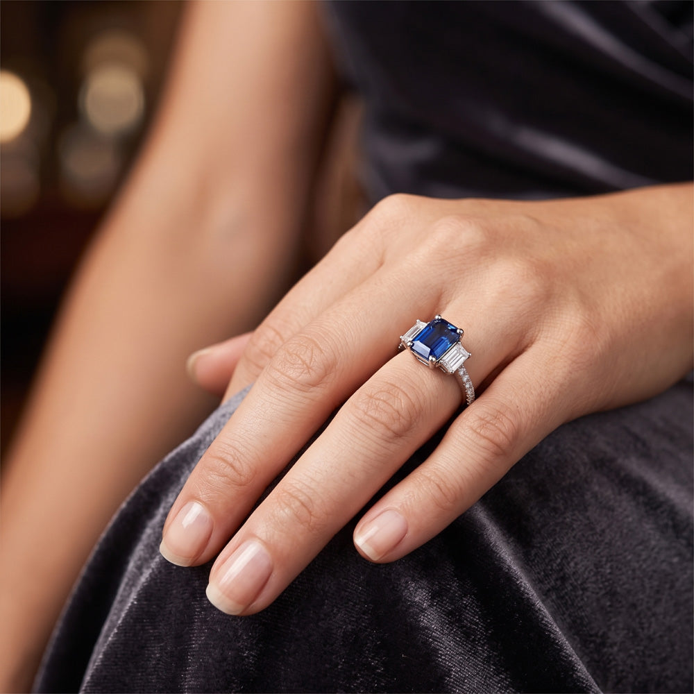 Edelstein Smaragd Blue Saphir Ring 3 Steinstil & Natürlicher Diamant ( nicht im Labor gezüchtet )en 4 Karat
