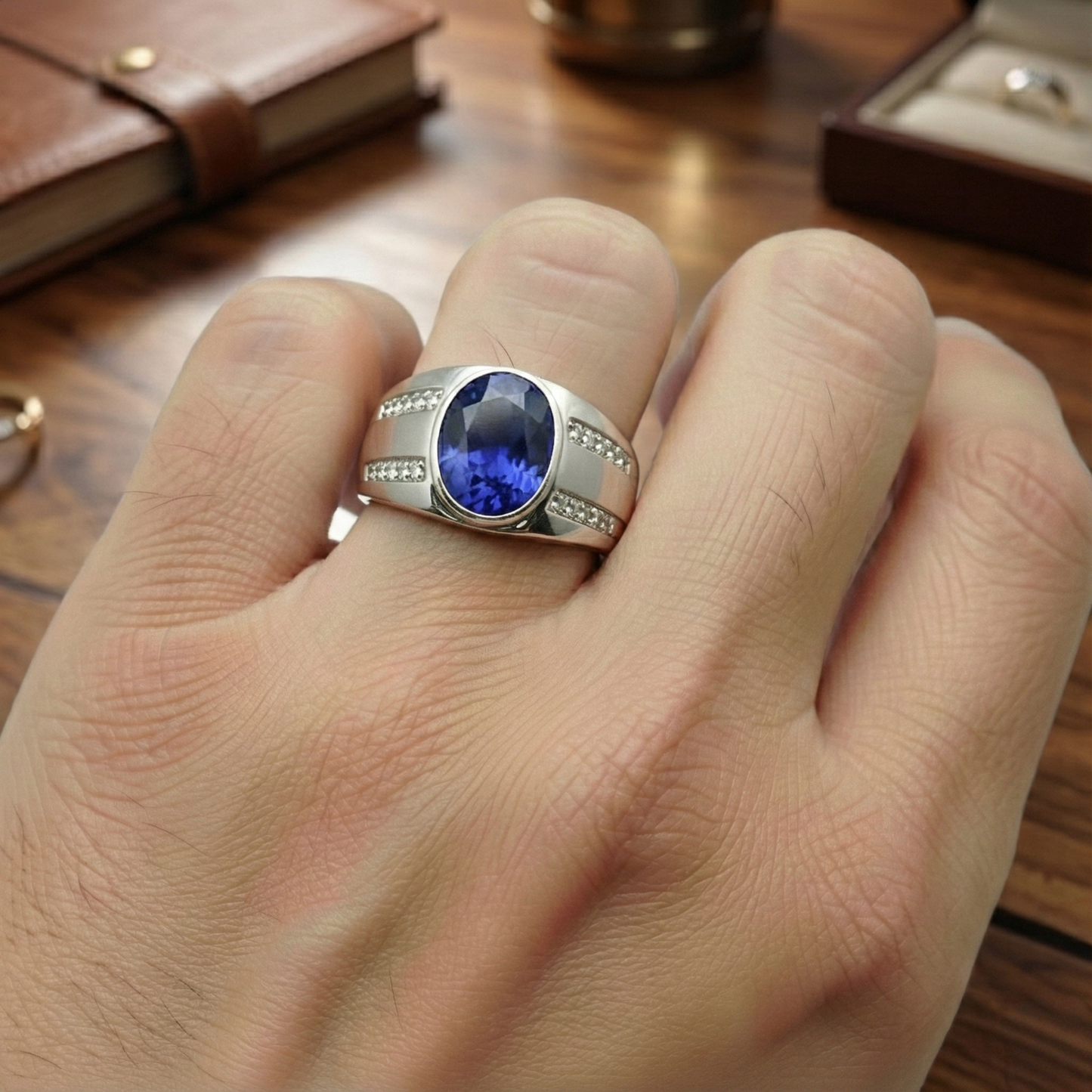 Edelstein Vintage Style Oval Blue Saphir Ring 3,50 Karat Natürlicher Diamant ( nicht im Labor gezüchtet )en