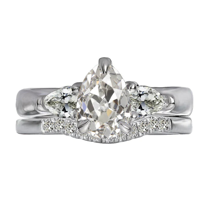 Ehering-Set Rund & Birne Altschliff Echt Diamant 3 Krappen Set 5 Karat