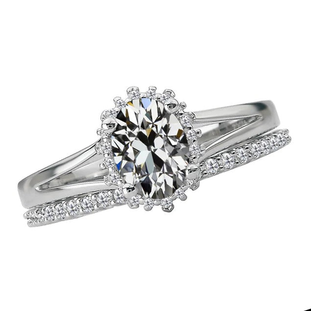 Ehering-Set, rund und oval, Altschliff-Echt Aus der Erde Abgebauter Natürlicher Diamant, gespaltener Schaft, 4,50 Karat