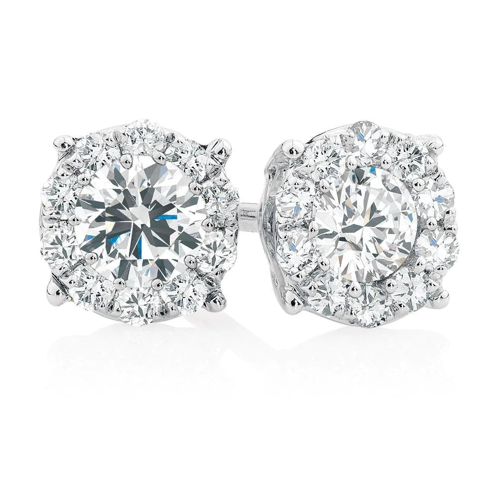 Funkelnd Halo Runden Echt DiamantStud Earrings 3.50 Carat White Gold 14K