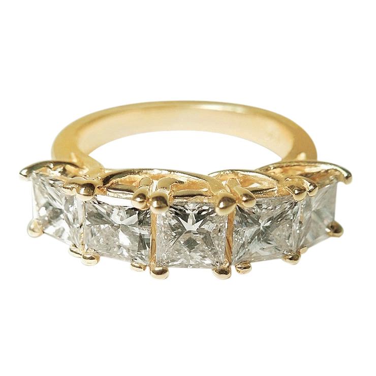 Funkelnde 2 Karat Prinzessin Echt Diamants 5 Steine Band Gelbgold 14K