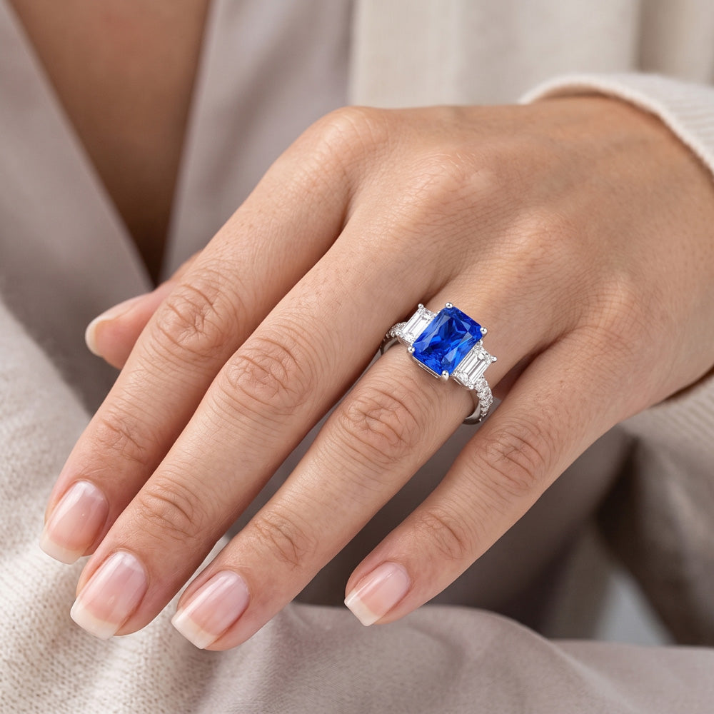 Funkelnder Natürlicher Diamant ( nicht im Labor gezüchtet ) Blauer Saphir Ring 3,50 Karat Runde Smaragdsteine