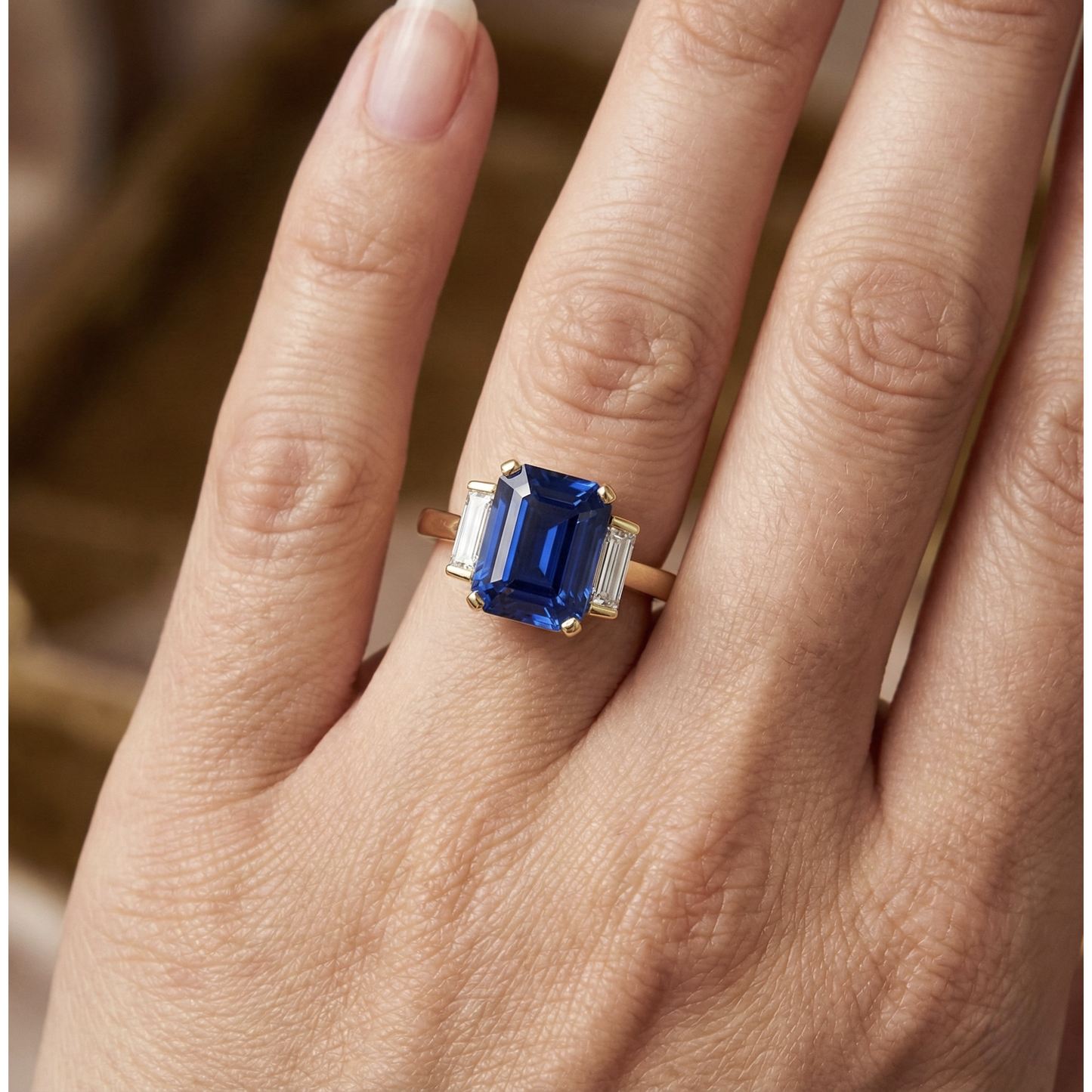 Gelbgold Smaragd Edelstein Ring Baguette Aus der Erde Abgebauter Natürlicher Diamanten 5 Karat 3 Stein