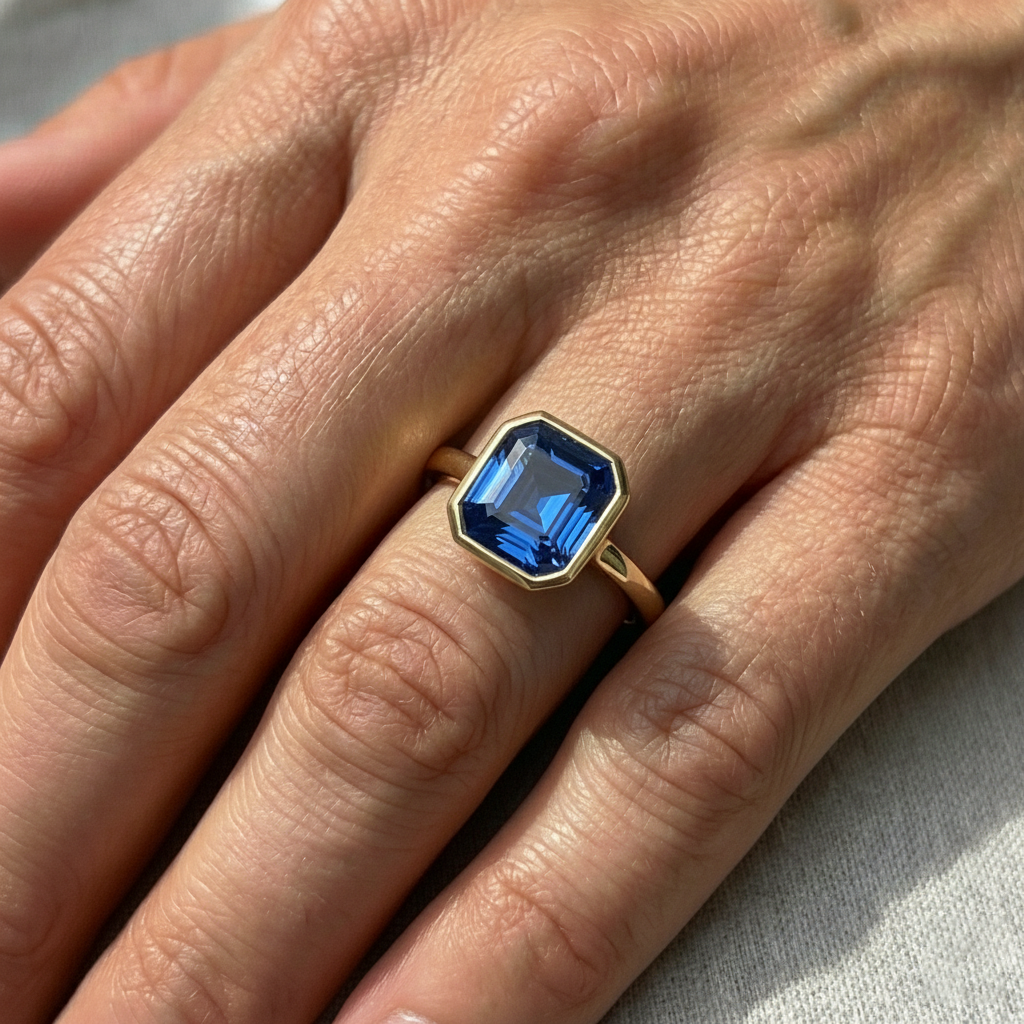 Gelbgold Solitär Lünette Set Ceylon Saphir Ring 5 Karat