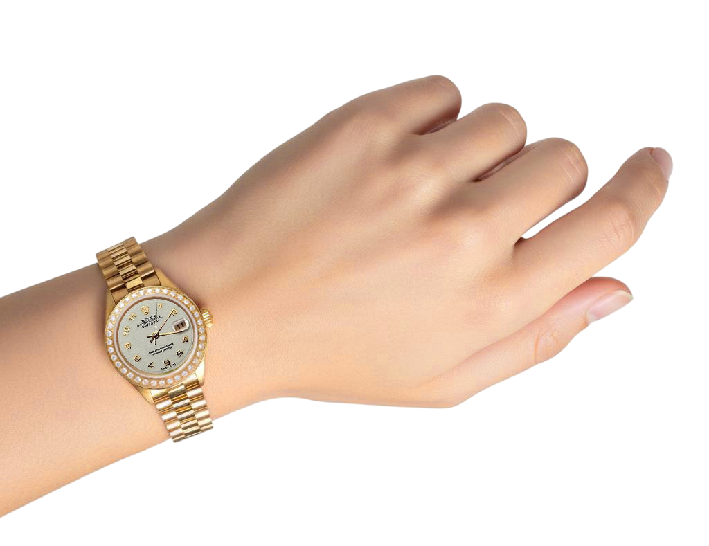 Gelbgold Rolex Datejust Präsidentenstil Uhr mit Diamantlünette und arabischem Zifferblatt P2