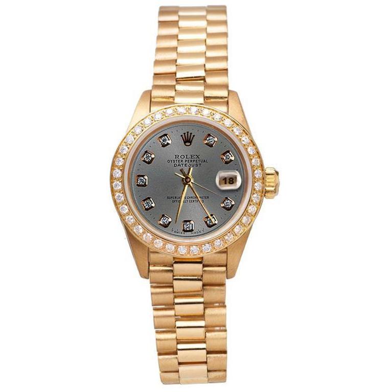Gelbgold Rolex Präsidentenstil Uhr mit grauem Diamant-Zifferblatt und Lünette für Damen