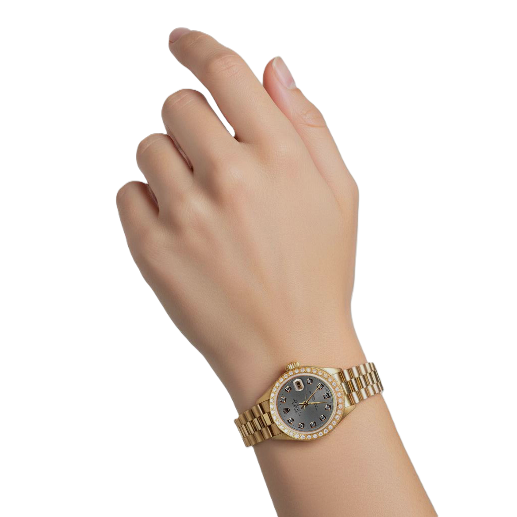 Gelbgold Rolex Präsidentenstil Uhr mit grauem Diamant-Zifferblatt und Lünette für Damen P2