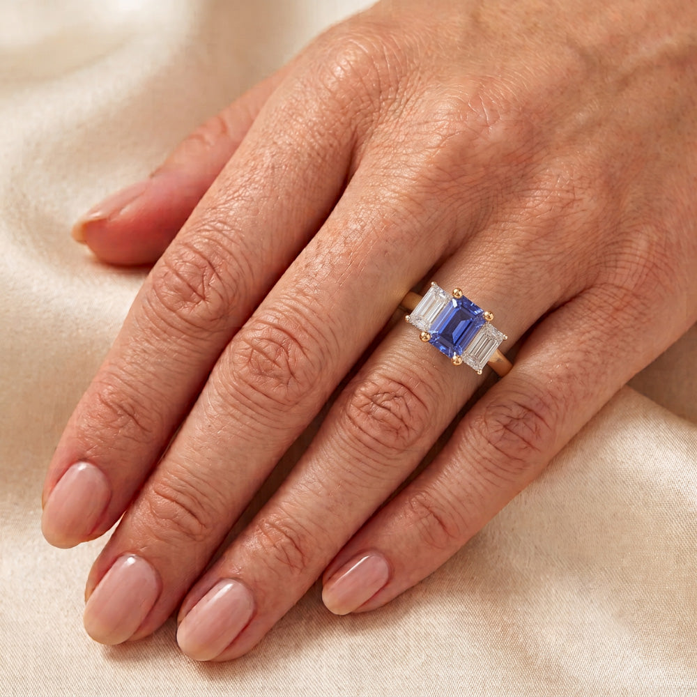 Gold 3 Steine Blauer Saphir Smaragd Natürlicher Diamant ( nicht im Labor gezüchtet ) Ring 3,50 Karat