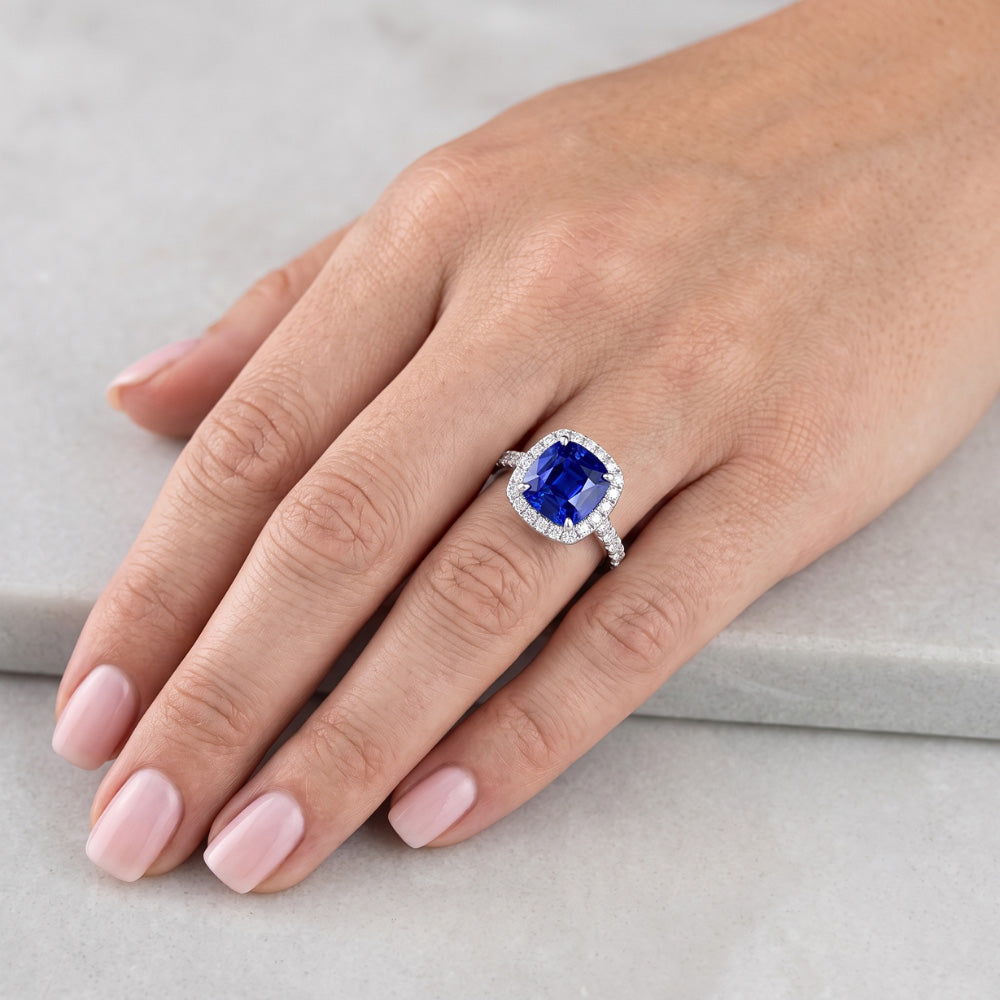 Gold Halo Kissen Saphir Ring Krappen Akzente Natürlicher Diamant ( nicht im Labor gezüchtet )en 3,50 Karat