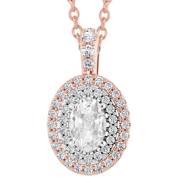Gold Halo Oval Old Mine Cut Echt Diamant Anhänger 6 Karat Zweifarbig