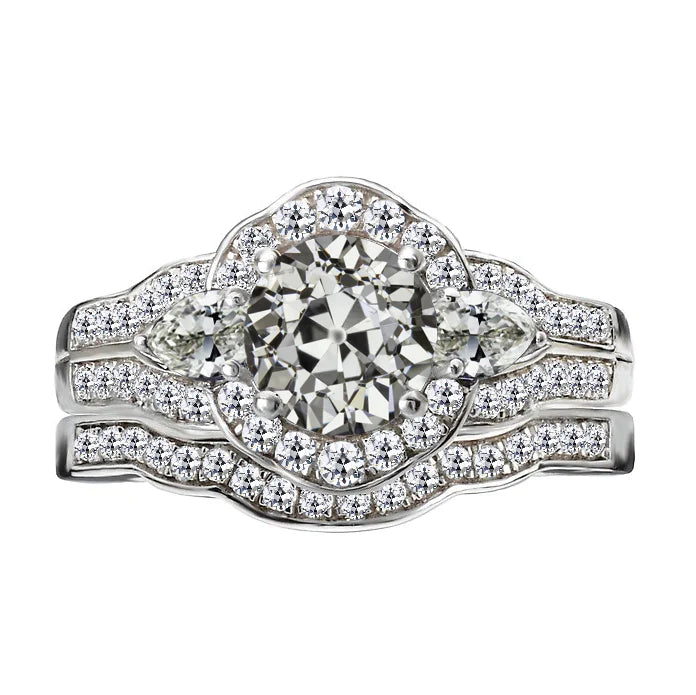 Gold-Verlobungsring-Set Birne & runder Echt Diamant im alten Minenschliff 8.50 Karat