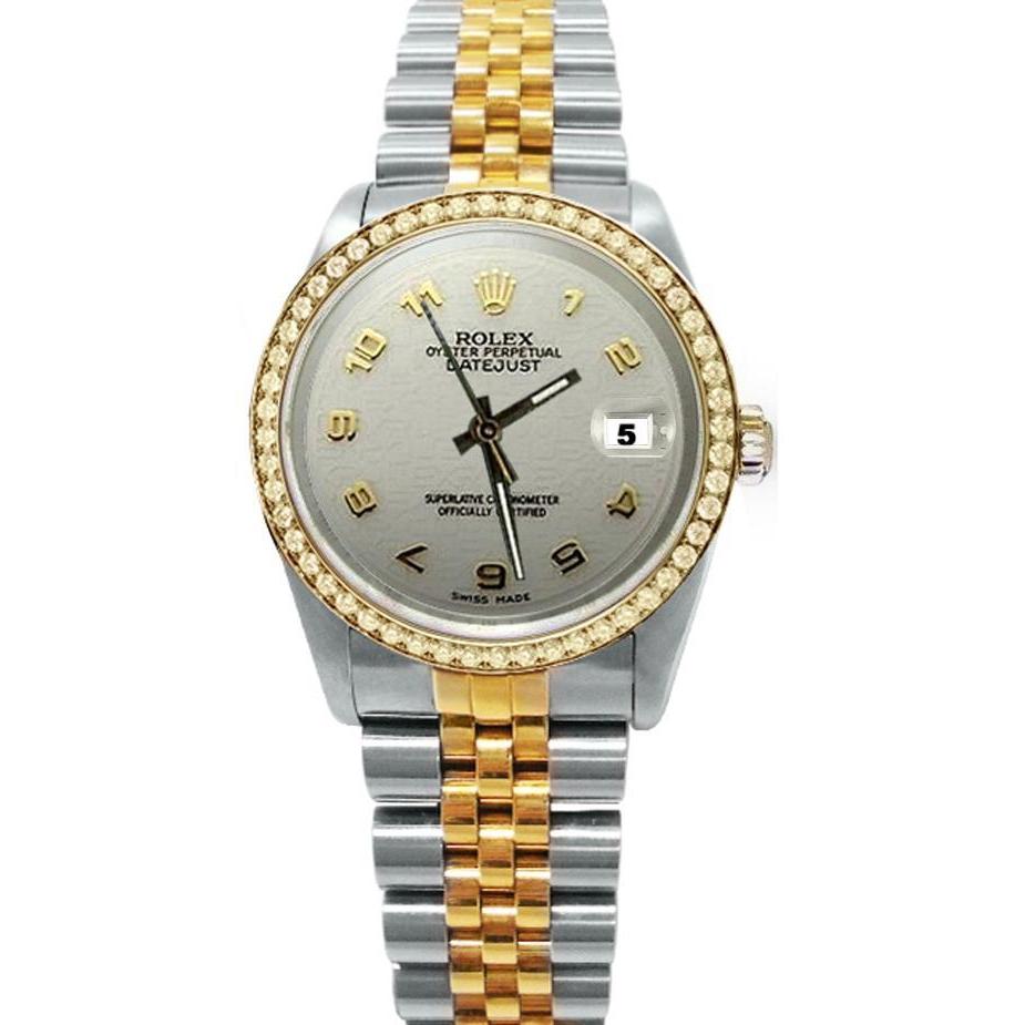 Gold Stahl Datejust Diamantlünette Weißes arabisches Zifferblatt