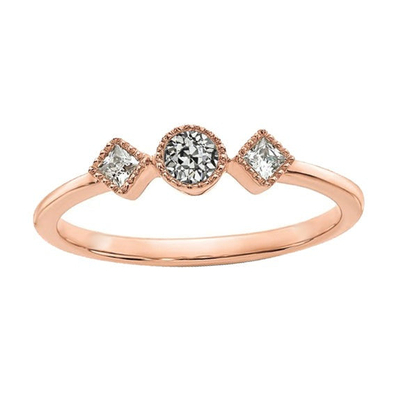Goldener Damenring mit 3 Steinen Prinzessin & runder Echt Altschliffdiamant 1.75 Karat