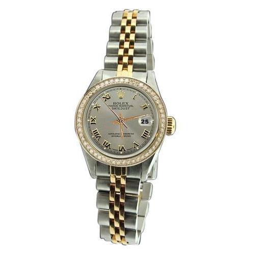 Graues römisches Zifferblatt, Diamantlünette, Edelstahl und goldene Rolex-Damenuhr Datejust