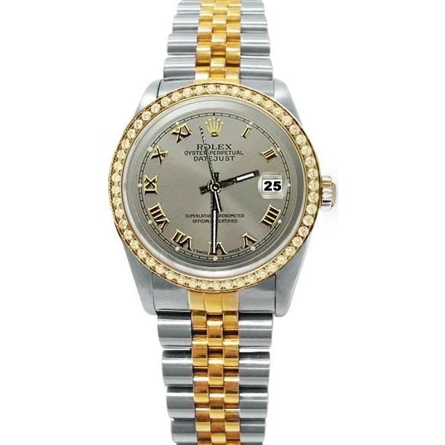 Graues römisches Zifferblatt, Diamantlünette, Rolex Datejust-Uhr, Gold und Edelstahl, SCHNELLSET