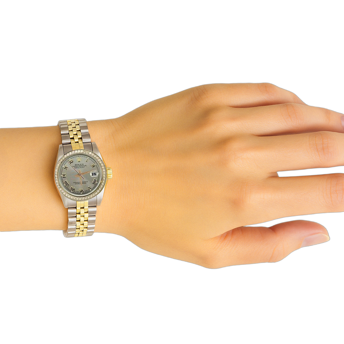 Graues römisches Zifferblatt, Diamantlünette, Edelstahl und goldene Rolex-Damenuhr Datejust