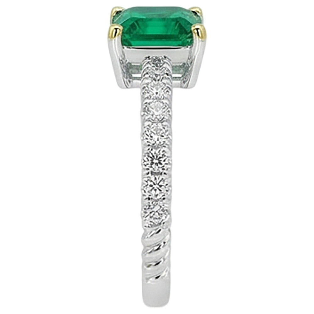 Kolumbianischer Smaragd Smaragd-Schliff Farbstein-Ring in 14 Karat Zweifarbig Gold – Draufsicht