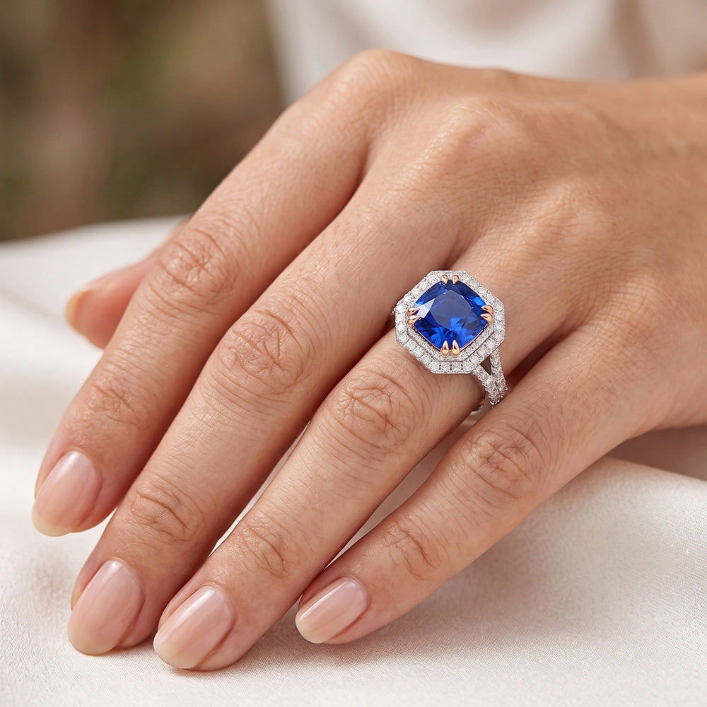 Halo Aus der Erde Abgebauter Natürlicher Diamant Saphir Ring Strahlend Schliff Gold Split Shank 3.50 Karat