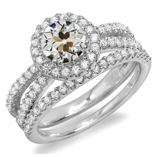 Halo Ehering Set Runder Altschliff Echt Diamant Weißgold 6.50 Karat