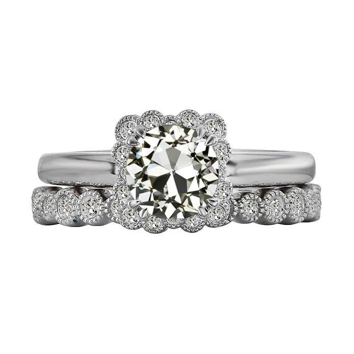 Halo Ehering-Set runder alter Minenschliff Echt Diamant 4 Karat Milgrain