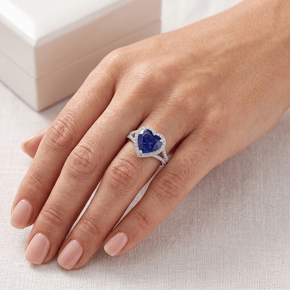 Halo Heart Blue Saphir Ring Pave Split Shank Natürlicher Diamant ( nicht im Labor gezüchtet )s 3,50 Karat