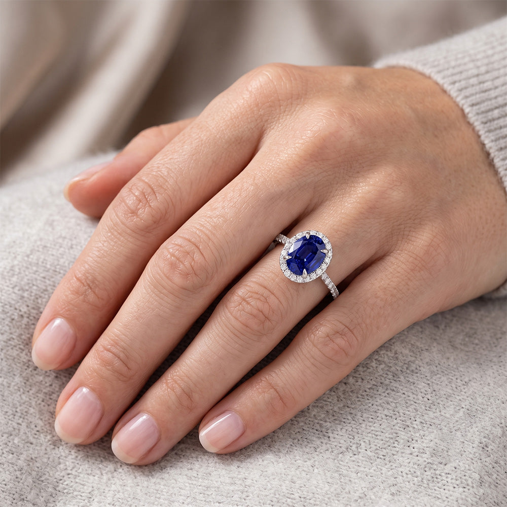 Halo-Natürlicher Diamant ( nicht im Labor gezüchtet )-Ring, Saphir-Schmuck