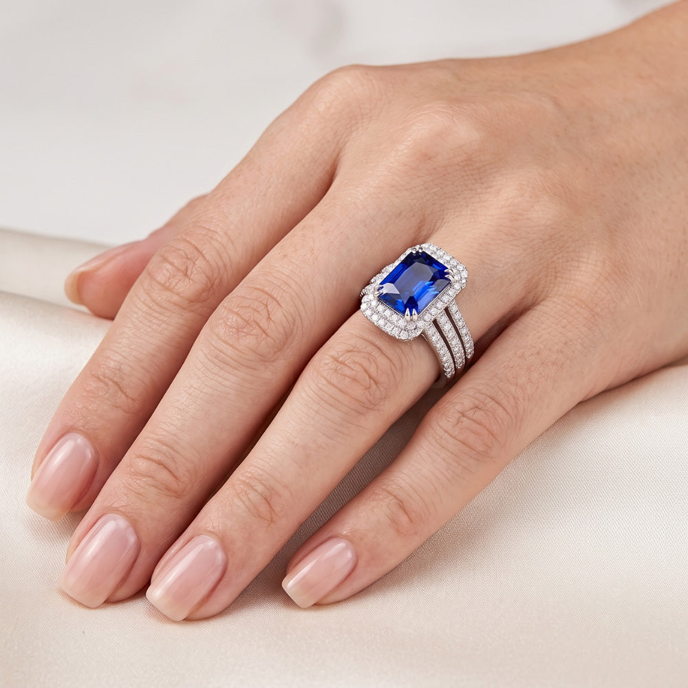 Halo Natürlicher Diamant ( nicht im Labor gezüchtet )-Saphir-Verlobungs-Ehering-Set mit Jacke 5 Karat