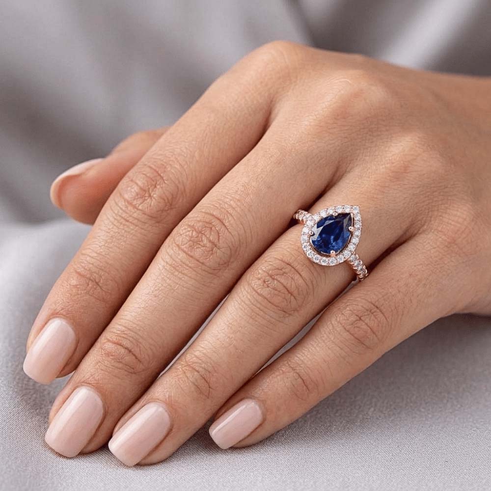 Halo Natürlicher Diamant ( nicht im Labor gezüchtet )-Verlobungsring Birne Blauer Saphir 3.50 Karat