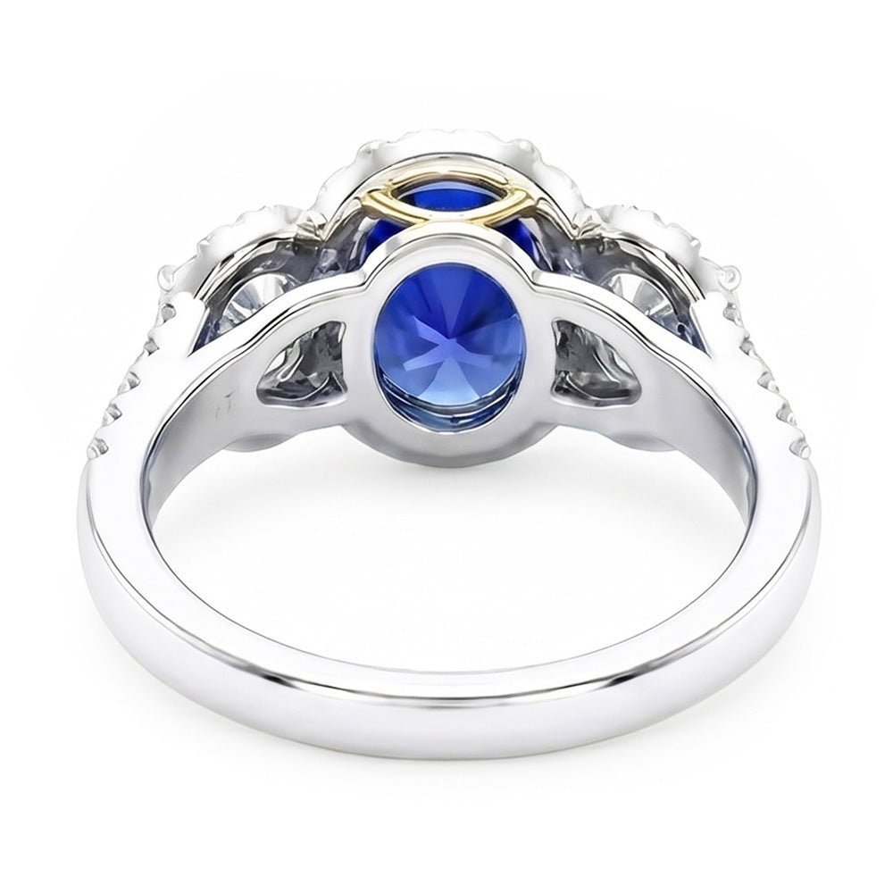 Halo Oval Saphir Ring 3 Steine Stil Gespaltener Schaft 3,50 Karat