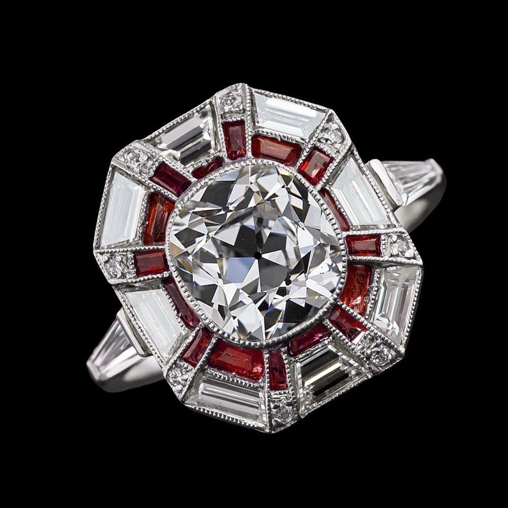Halo Ring Baguette Rubin & Altschliff Natürliche Diamant 6,50 Karat