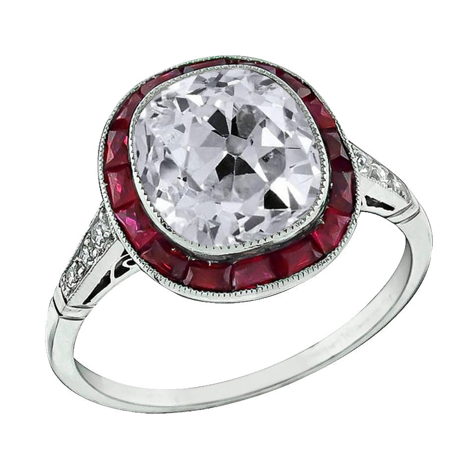 Halo Ring Old Cut Kissen Echt Diamant & Rubin Lünette Set 7,75 Karat