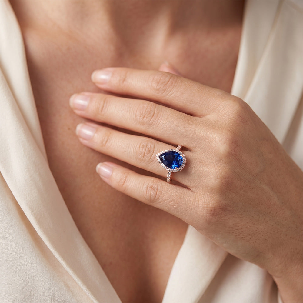 Halo Ring Tropfenform Ceylon Saphir & Natürlicher Diamant ( nicht im Labor gezüchtet )en 3,75 Karat