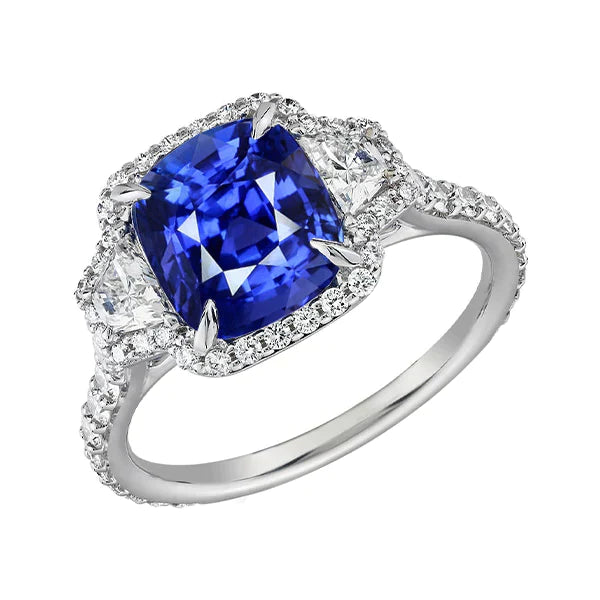 Halo-Ring mit Saphir und Diamant im Kissenschliff