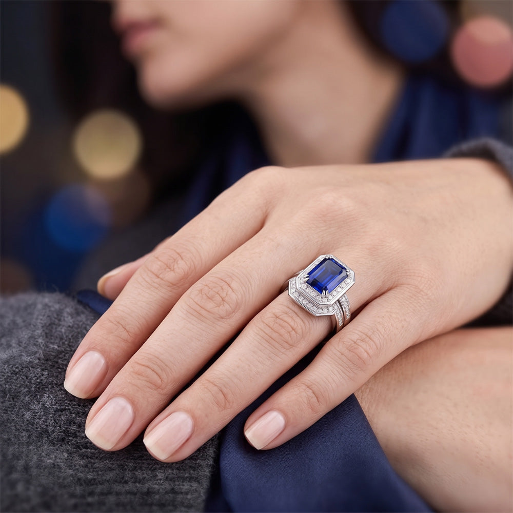 Halo Smaragd Saphir Ehering Set Weißgold Natürlicher Diamant ( nicht im Labor gezüchtet )en 4,50 Karat