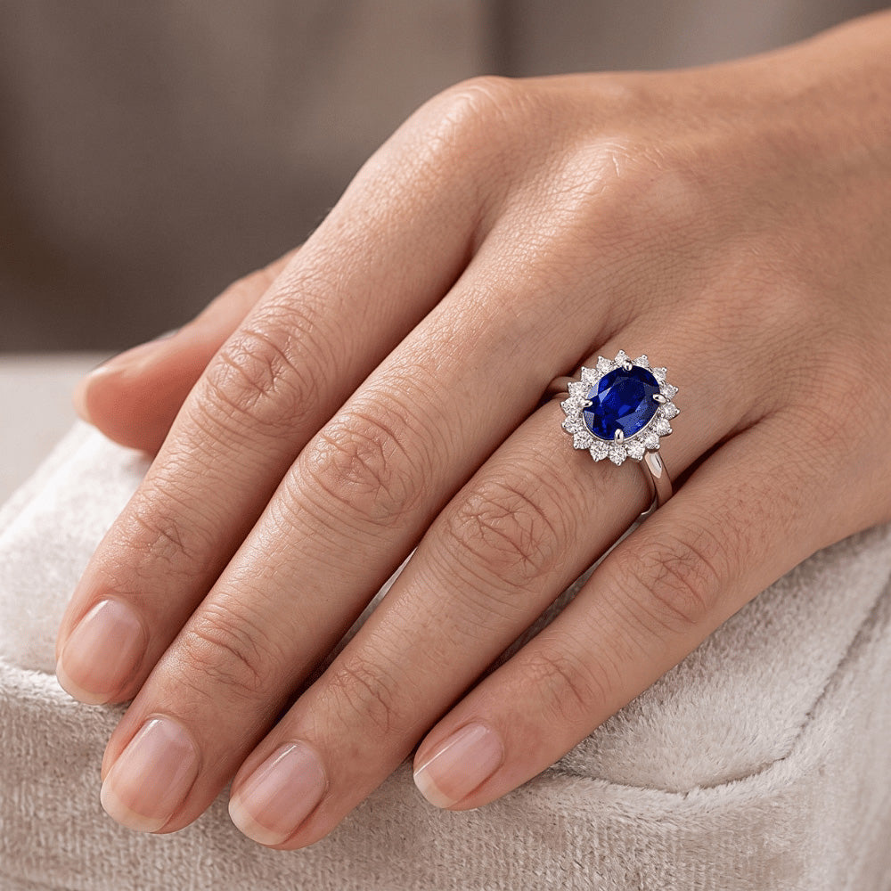 Halo Verlobungsring Oval Srilanka Saphir Sunburst Style 2,50 Karat