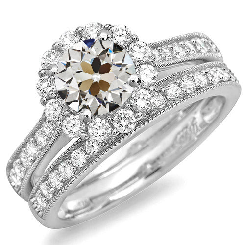 Halo Verlobungsring Set Rund alter Bergmann Echt Diamant Milgrain 4.50 Karat