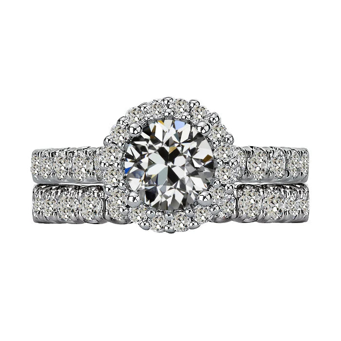 Halo-Verlobungsring-Set runder alter Bergmanns Echt diamant mit Akzenten 7 Karat