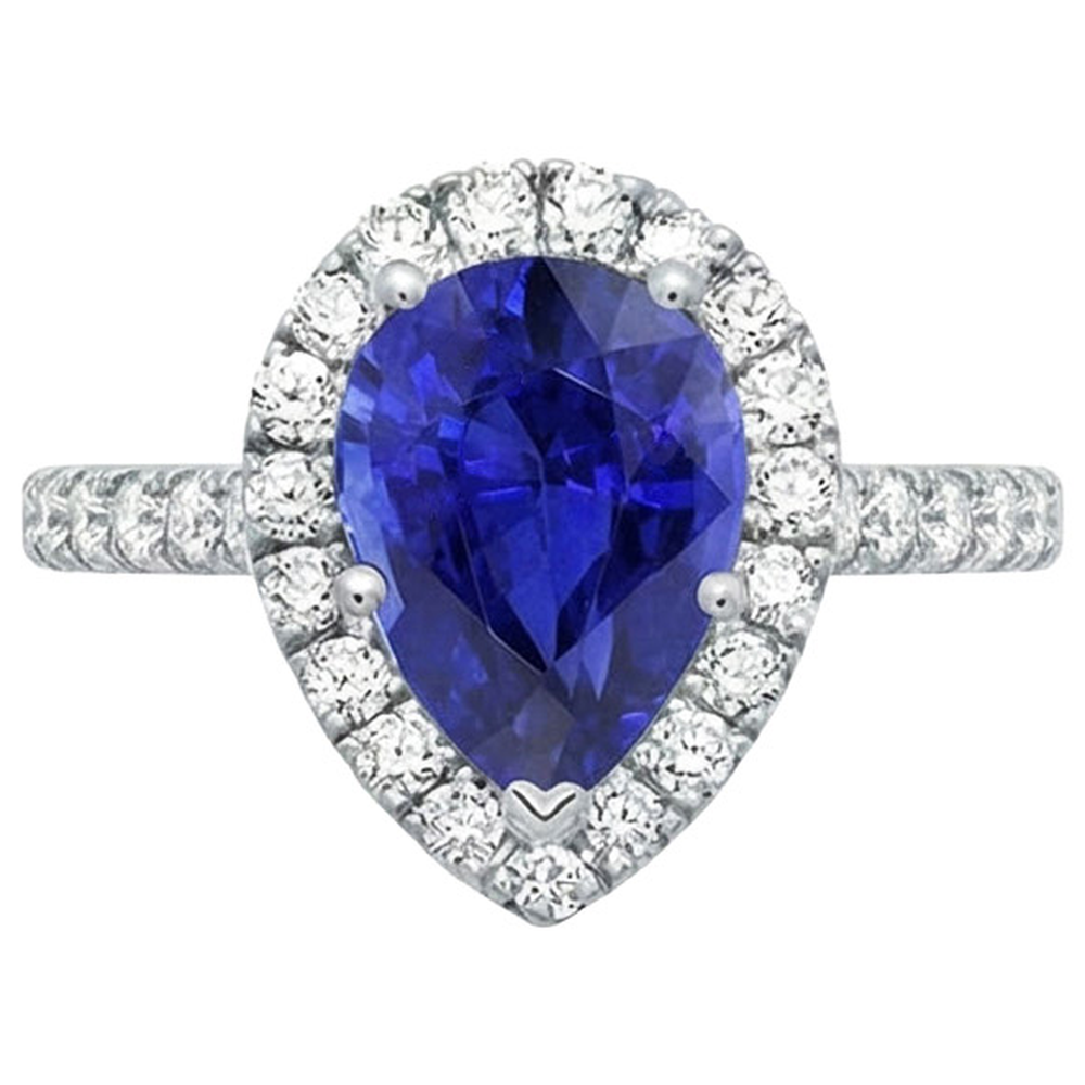 Halo Weißgold Ring Birne Sri Lanka Saphir & Natürlicher Diamant ( nicht im Labor gezüchtet )en 6 Karat
