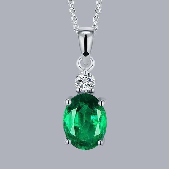 Halskette Mit Grün Smaragd- Und Diamant-Edelstein-Anhänger 5.25 ct. WG 14K