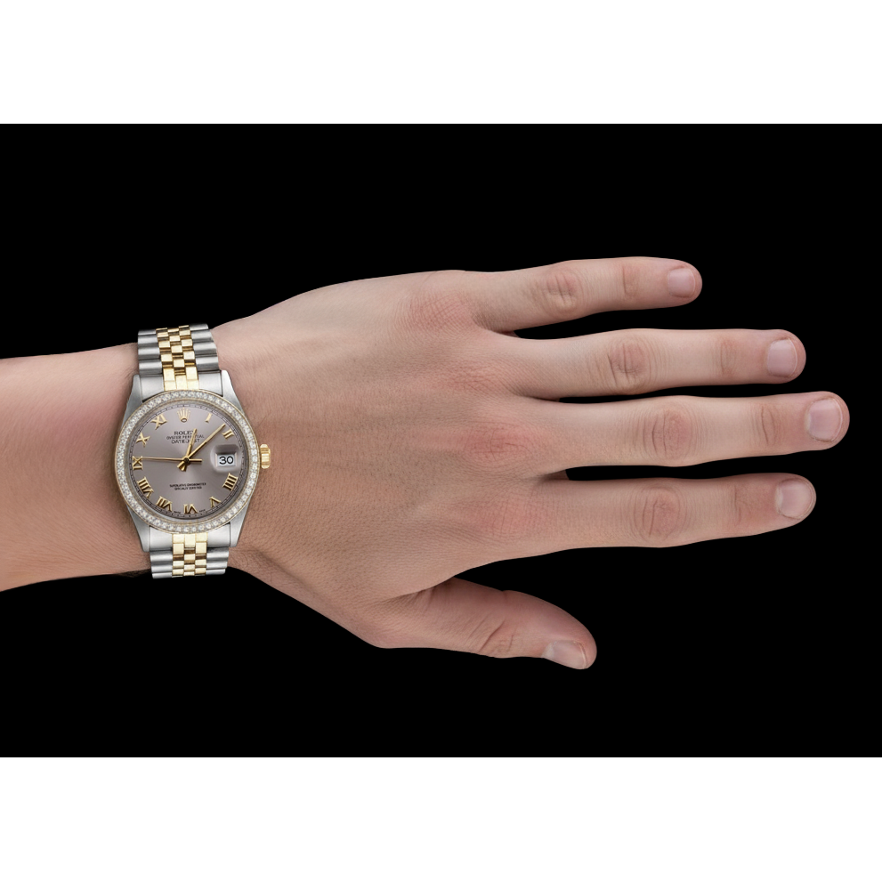 Herren-Datejust-Uhr mit grauem römischen Zifferblatt und Diamantlünette, zweifarbig, Rolex SCHNELLES EINSTELLEN