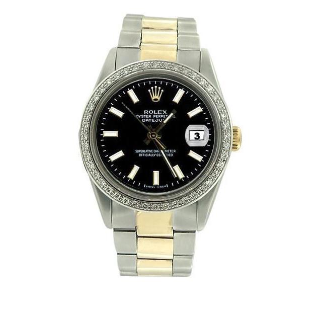 Herren-Oyster-Rolex-Datejust-Uhr mit schwarzem Stick-Zifferblatt, Edelstahl und Gold, SCHNELLES SET